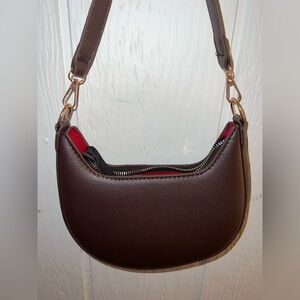 Dark Brown Faux Leather Mini Shoulder Bag – Red Interior Crescent Purse